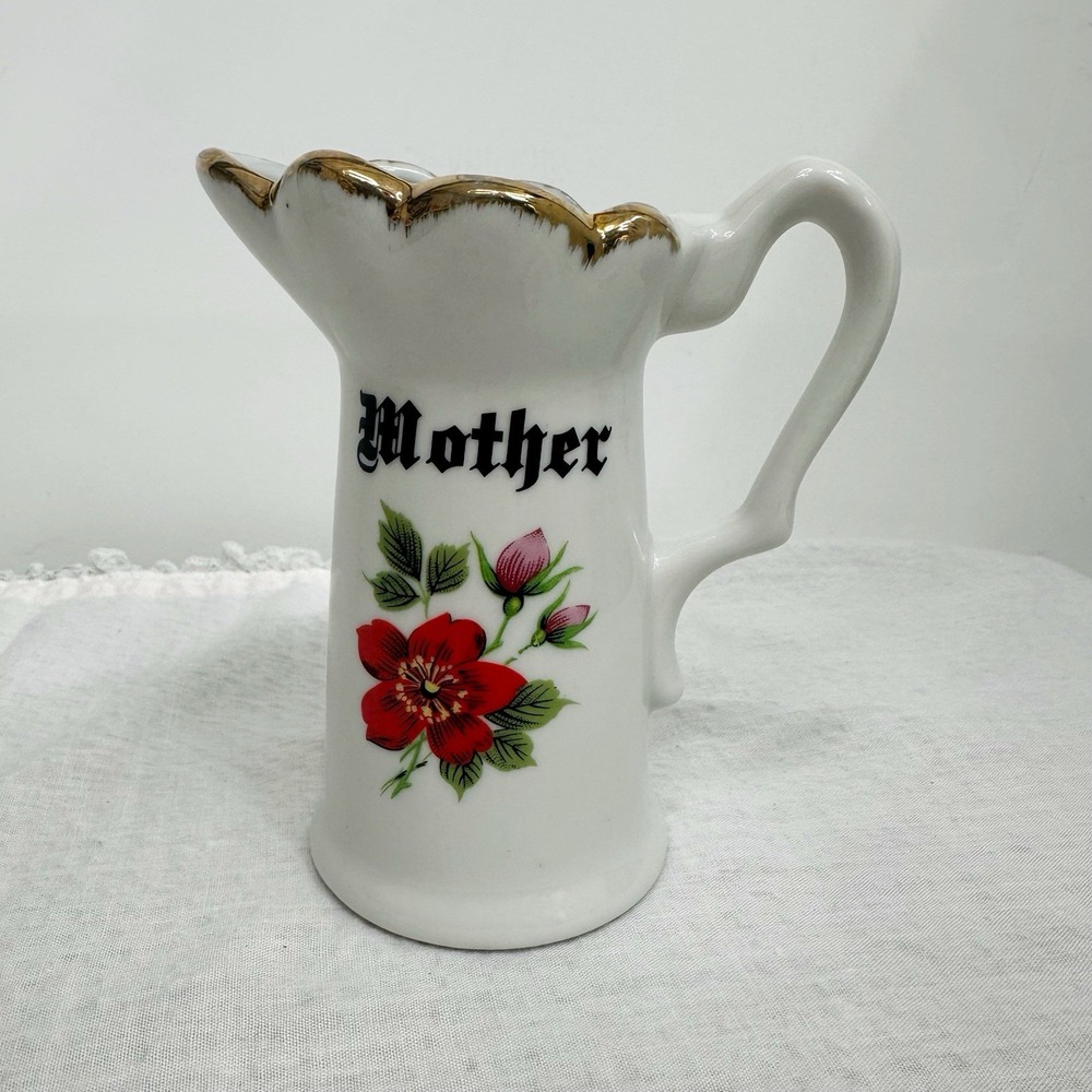 Vintage MOTHER Flower Creamer Vase Mom Gift Mothers Day 1970 Porcelain Gold Trim